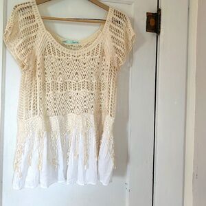 Maurices Cream Stunning Crochet Detail Scoop Neck Boho White Top Size XL
